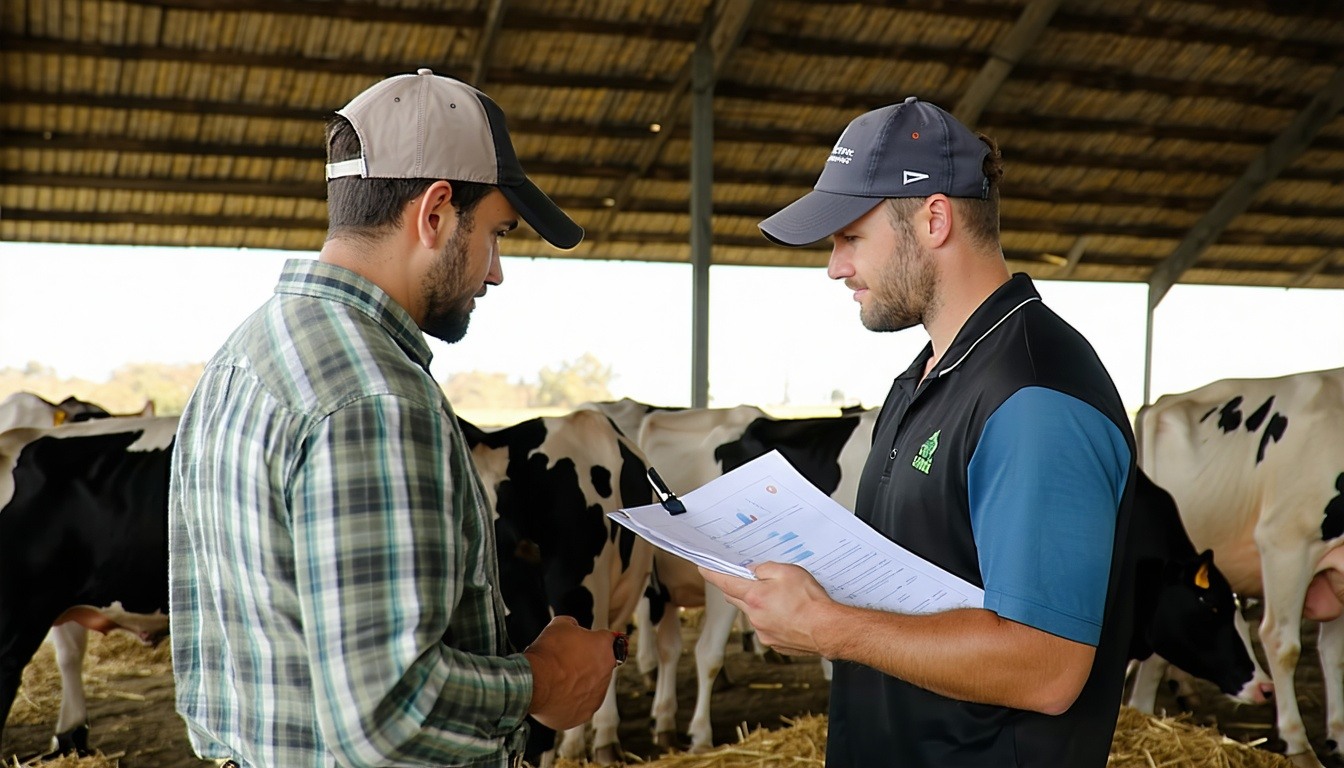 Create an image of a livestock producers standing outside a feed barn and looking at details of feeding data-1 Create an image of a livestock producers standing outside a feed barn and looking at details of feeding data-1